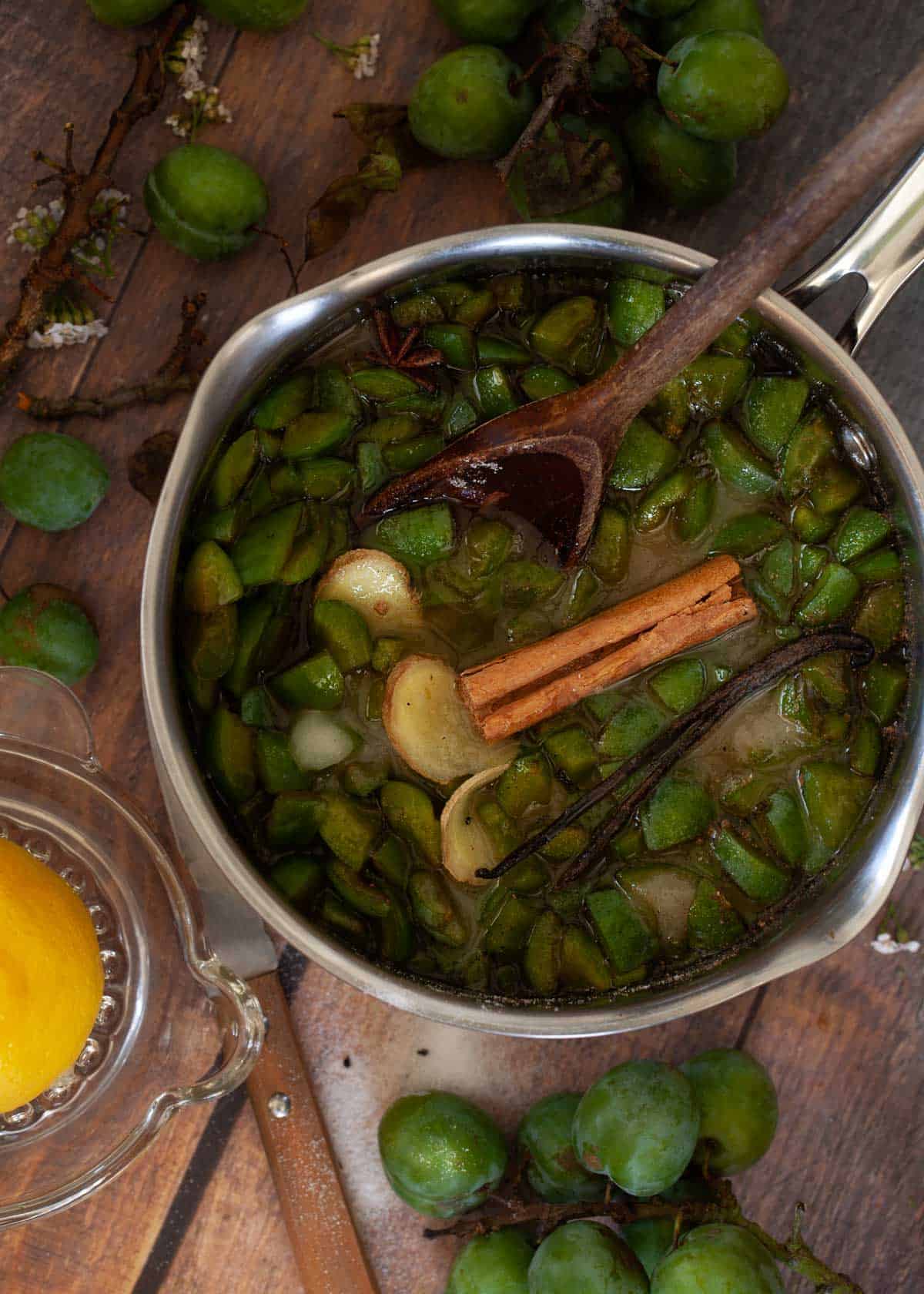 Process shot - making fruit preserve using chopped stone fruit and various spices