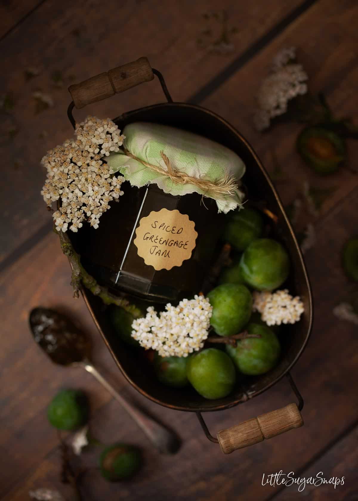 A tin caddy holding a jar of greengage jam and fresh greengages