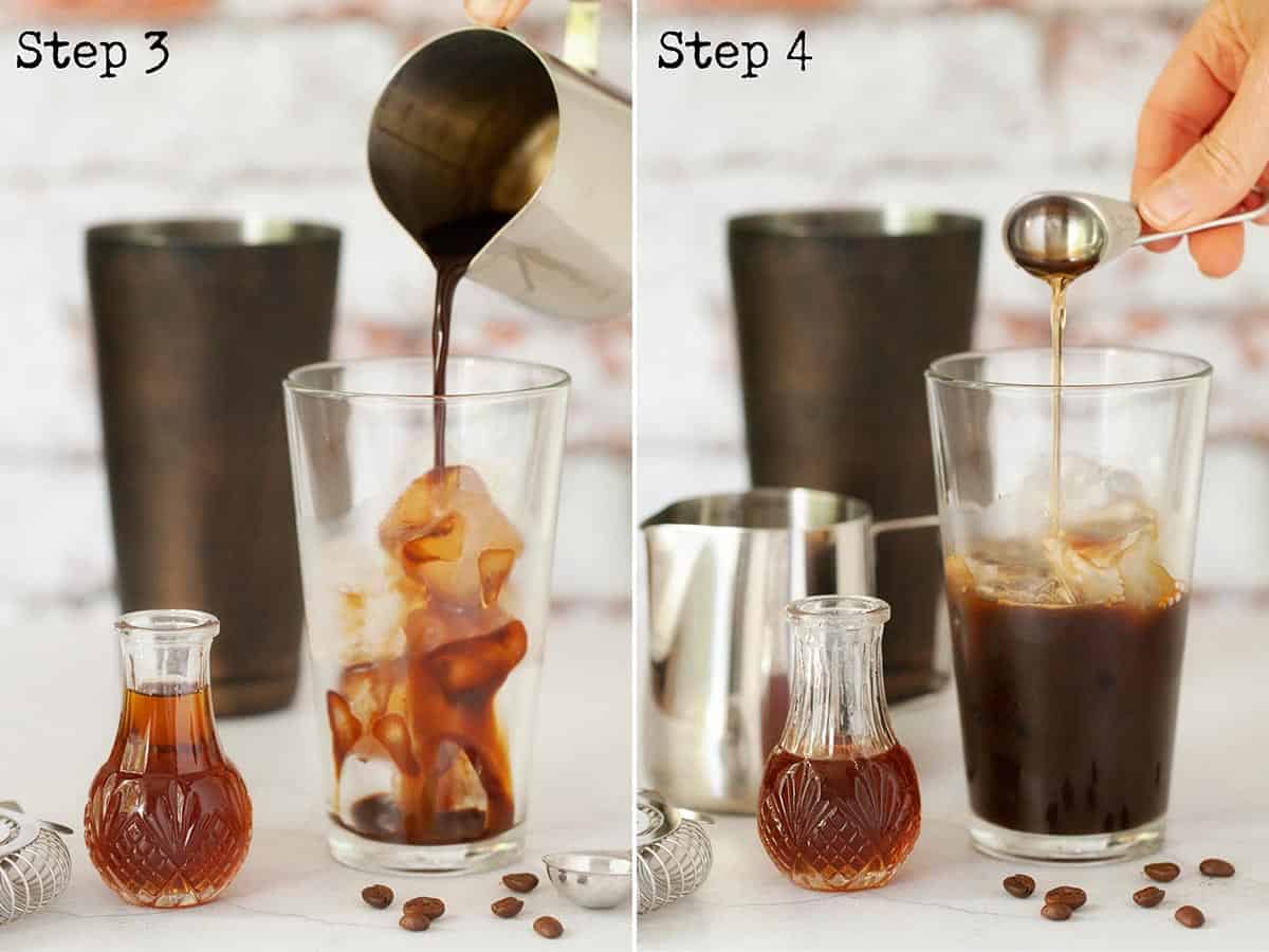 Pouring coffee and syrup into a cocktail shaker