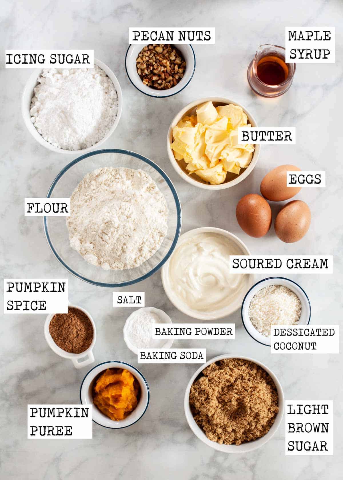 Ingredients for pumpkin cake labelled with text overlay