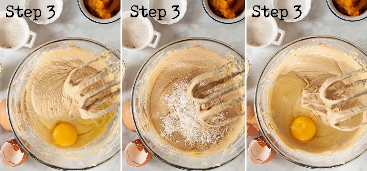 Collage of eggs being beaten into cake batter