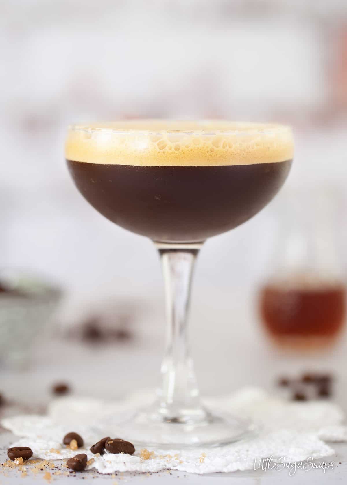 Side view of caffè shakerato - an Italian iced coffee