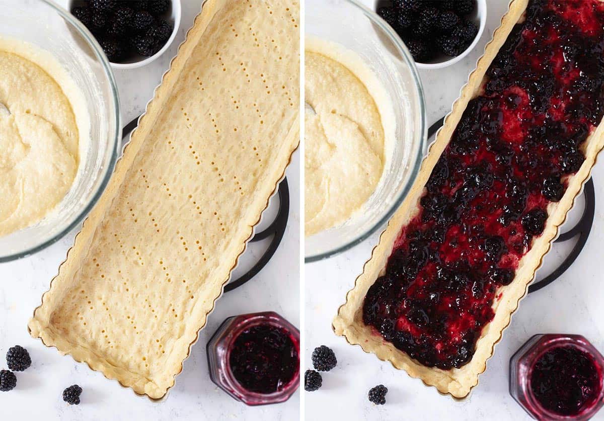 Collage of filling a blind baked pastry tart case with jam