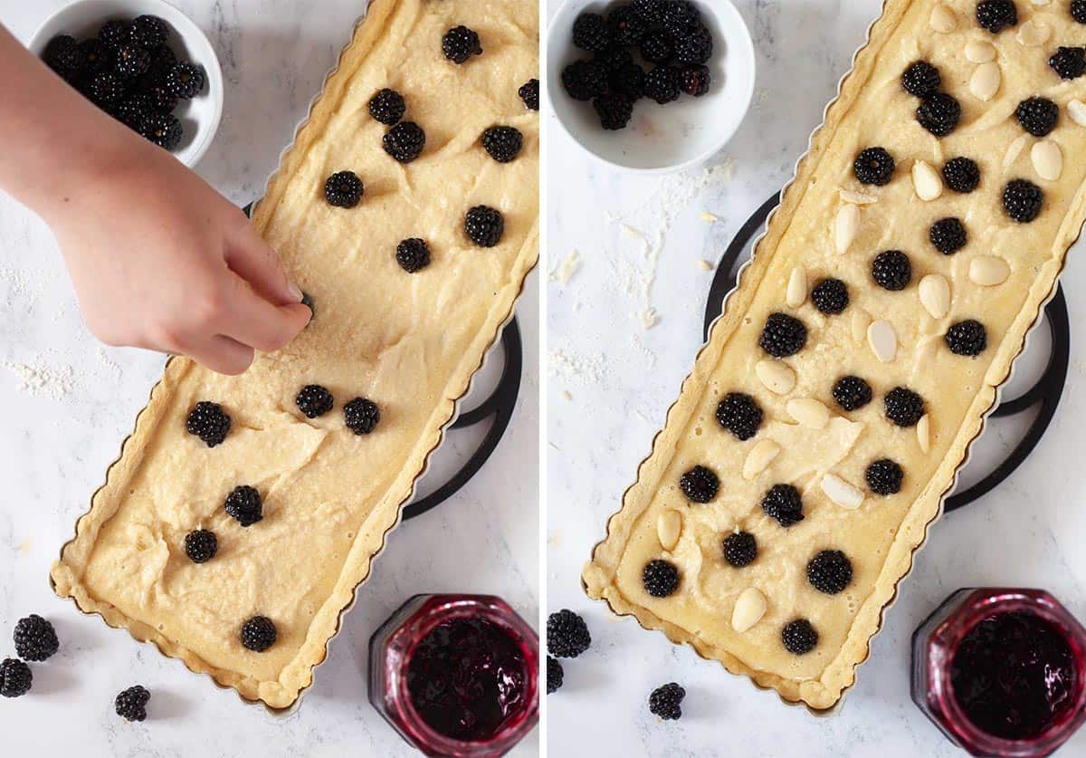 Collage of child adding blackberries to an uncooked fragipane tart