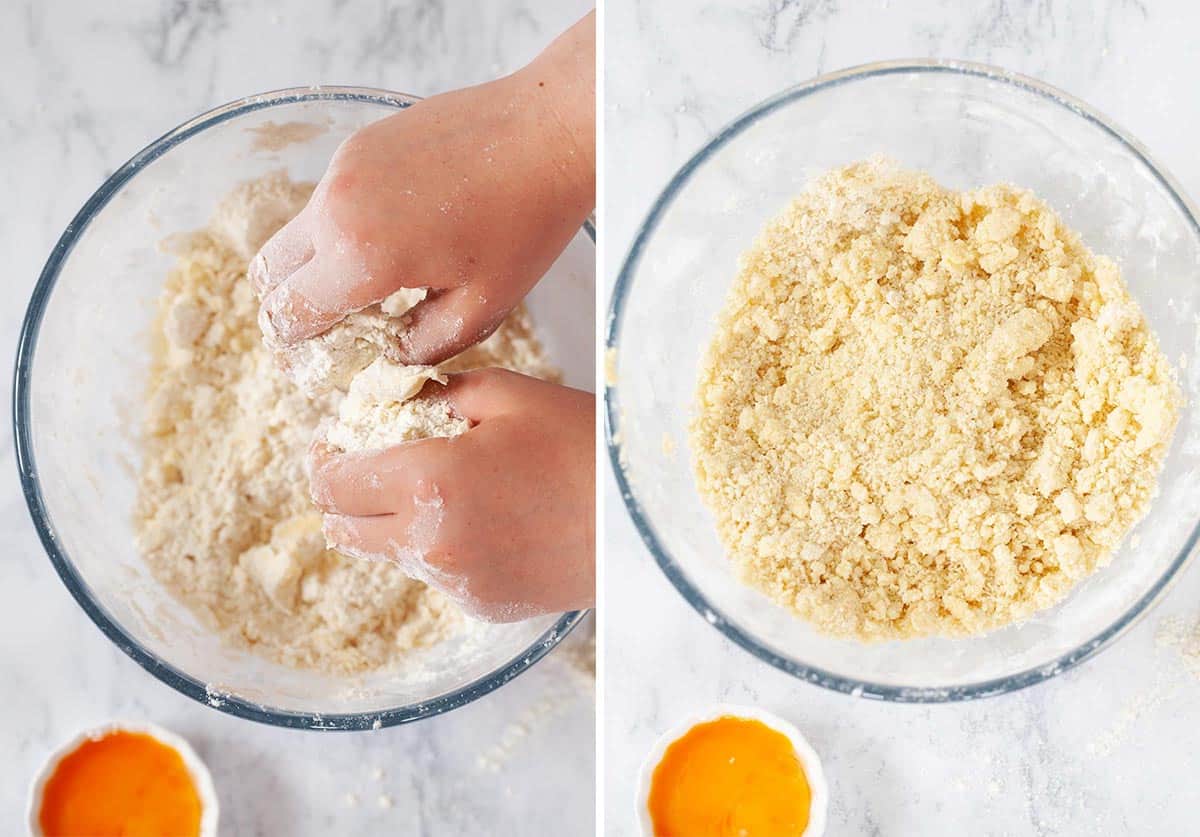 Collage of Child making pastry - rubbing butter into flour