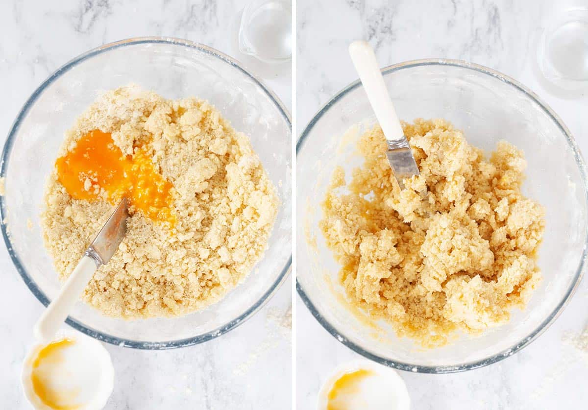 Collage of pastry being made - egg and water being mixed in