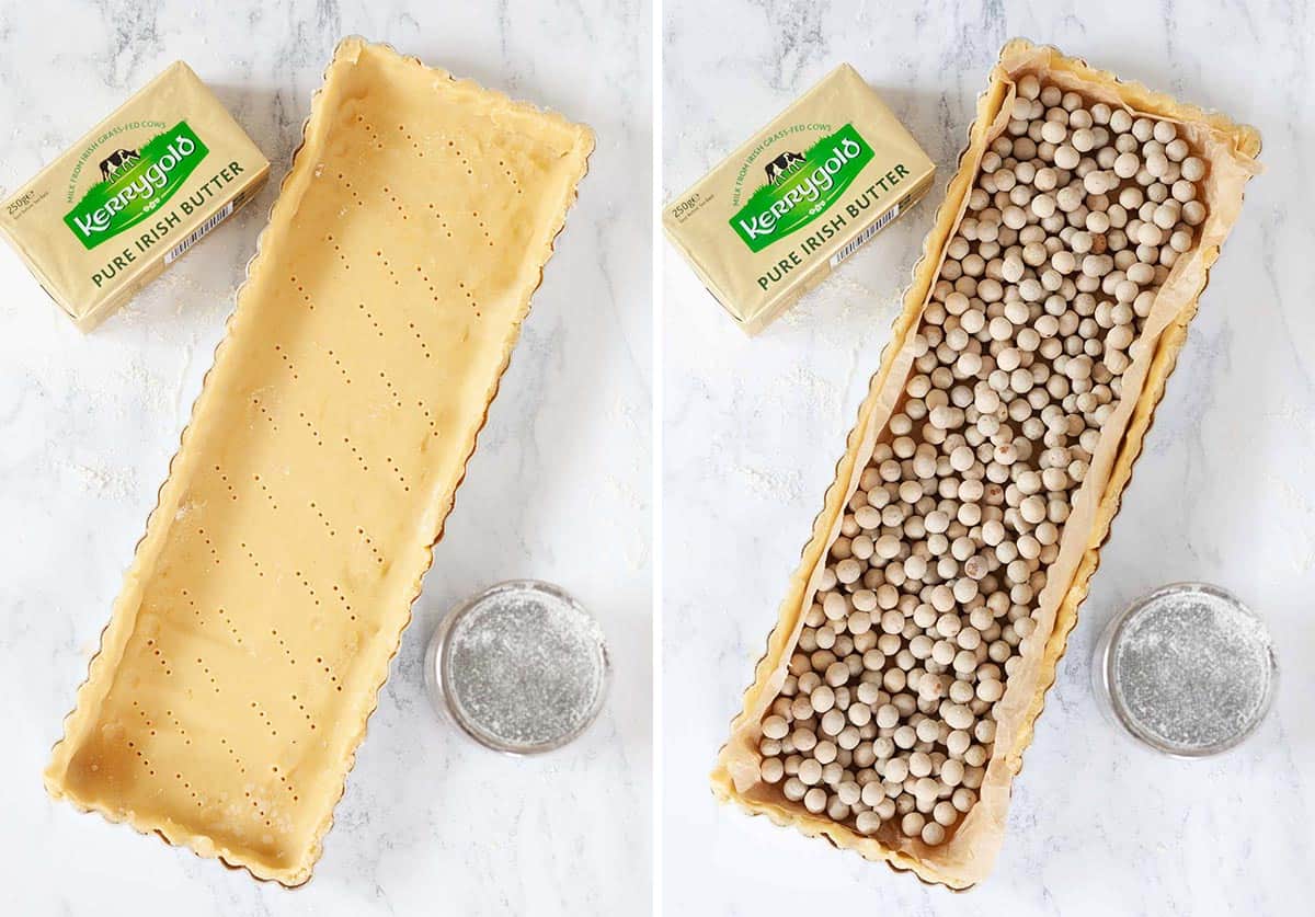 Collage of raw pastry being prepared for blind baking in an oblong tin