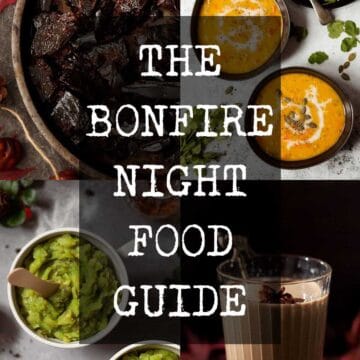 Collage of traditional food for bonfire night with text overlay