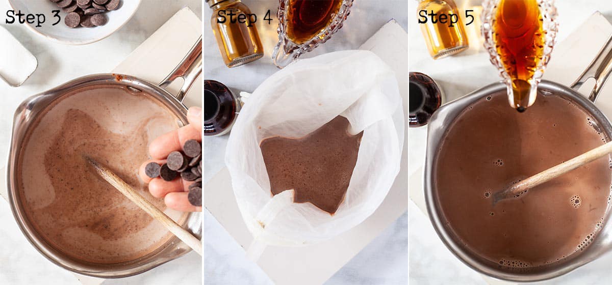 Heating chocolate drink and straining it through a nut bag