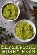 mushy peas in cups with text overlay