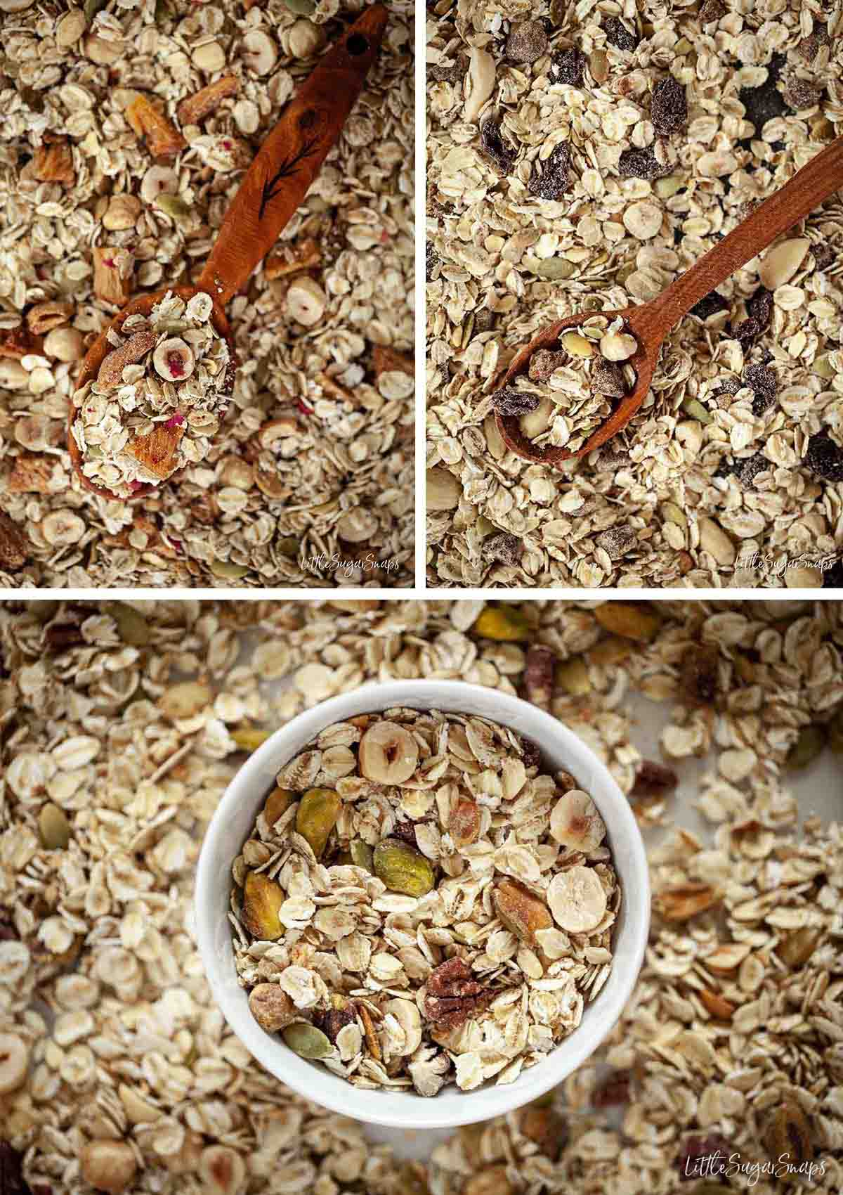 Collage showing three types of homemade toasted muesli