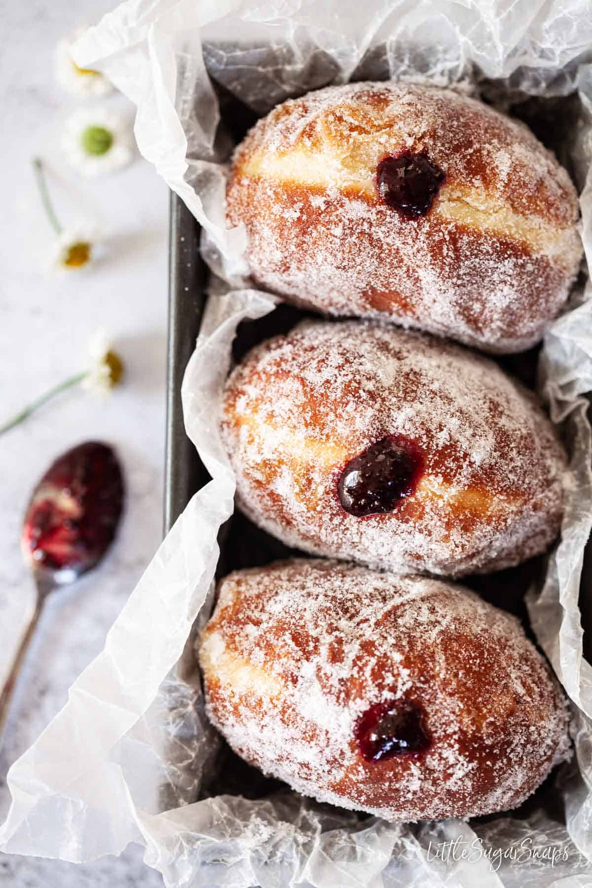 Close up of sugar coated jam doughnuts filled with blackberry jam.