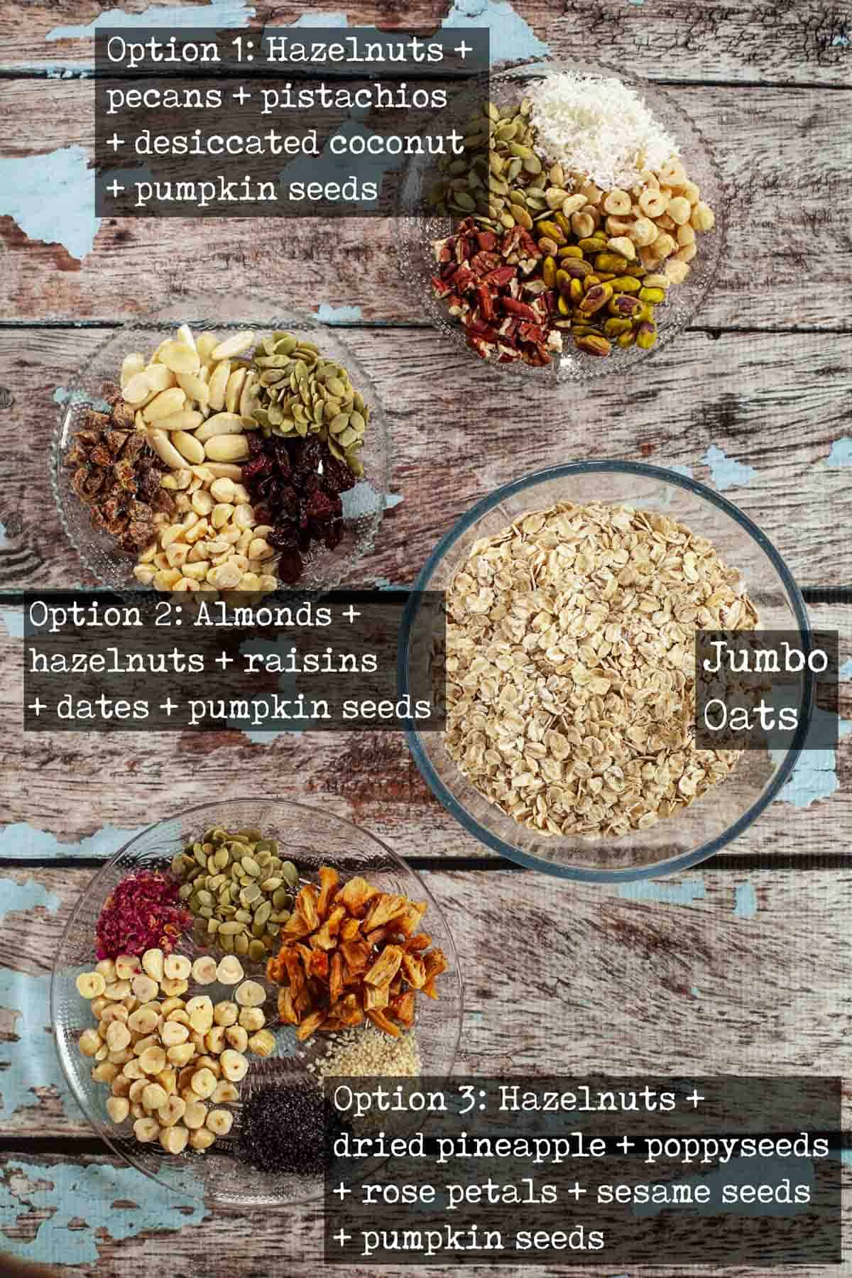 Ingredients for oat based breakfast in bowls labelled with text overlay