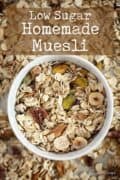 Nut and seed muesli in a bowl with text overlay