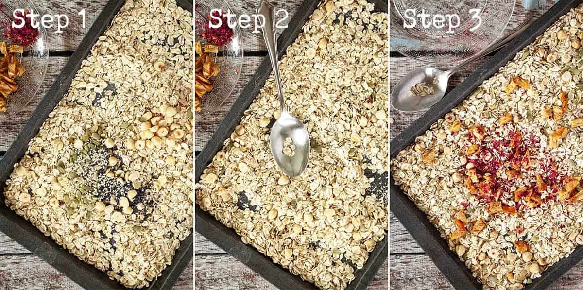 Collage of step by step process for toasting oats