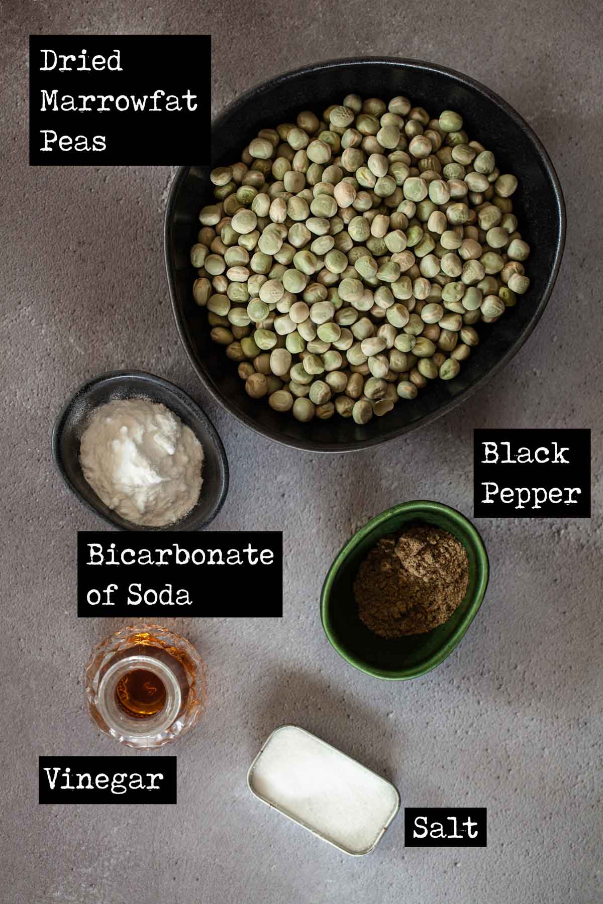 Dried marrowfat peas and other ingredients in bowls