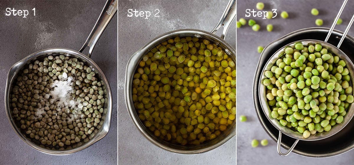 Process shots - soaking and draining marrowfat peas with baking soda