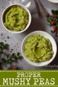 Mushy peas in cups with text overlay