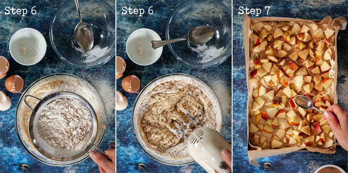 Collage of step by step images for preparing a cake to bake