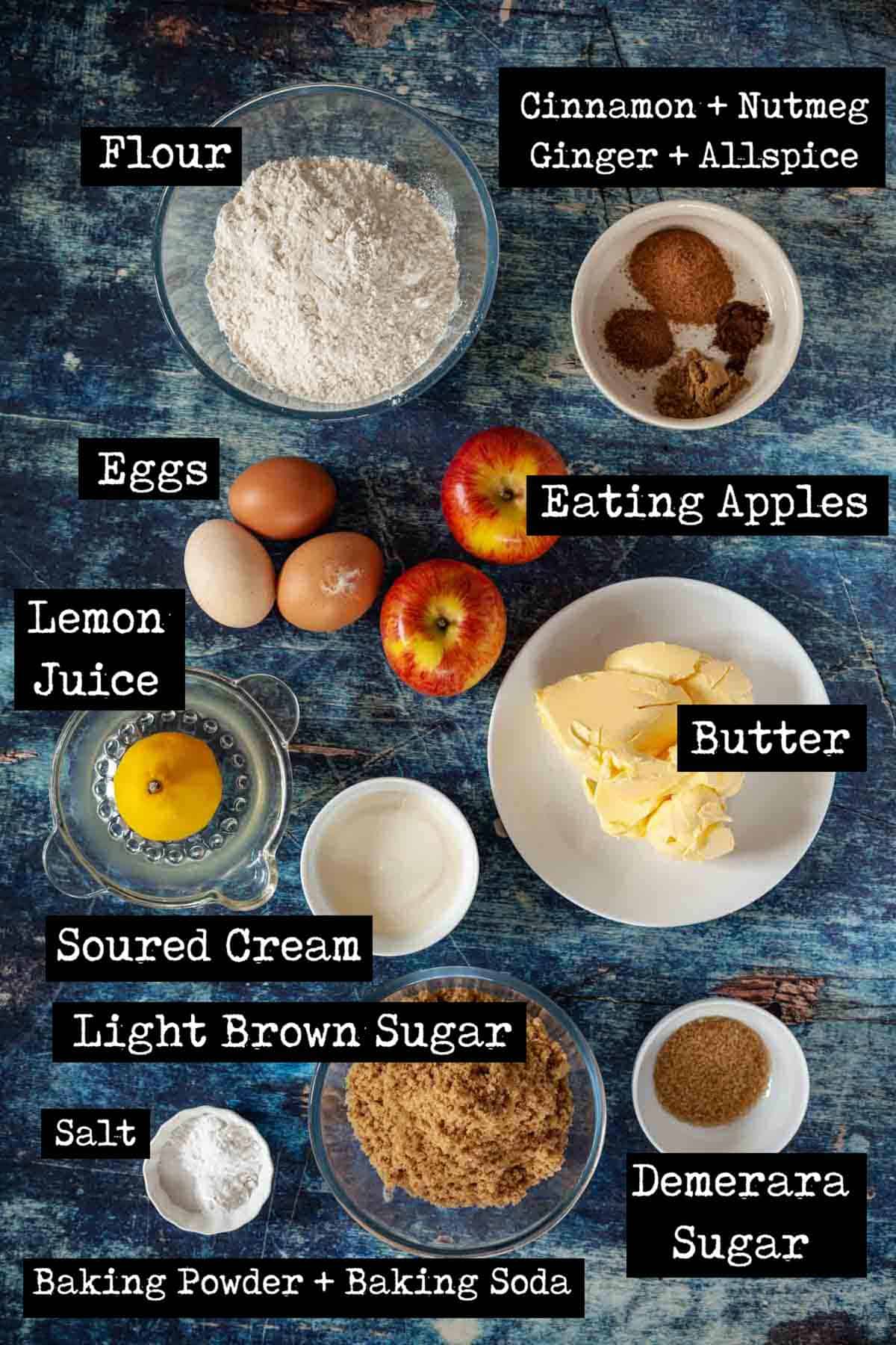 Ingredients for a fruity cake with text overlay.