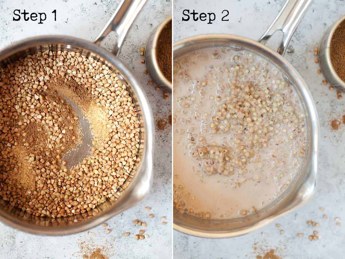 Ingredients in a saucepan for cooking groats with milk, sugar and spices.