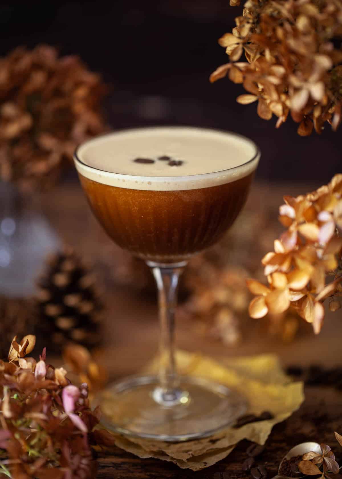 A coffee martini Ancho Reyes Cocktail garnished with coffee beans