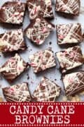 Picture of candy cane brownies with text overlay