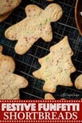 festive shaped funfetti shortbread cookies with text overlay