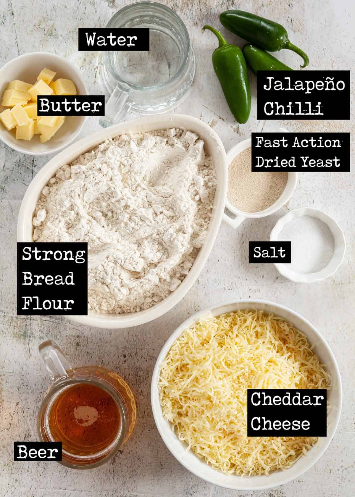 Ingredients for jalapeño bread with text overlay