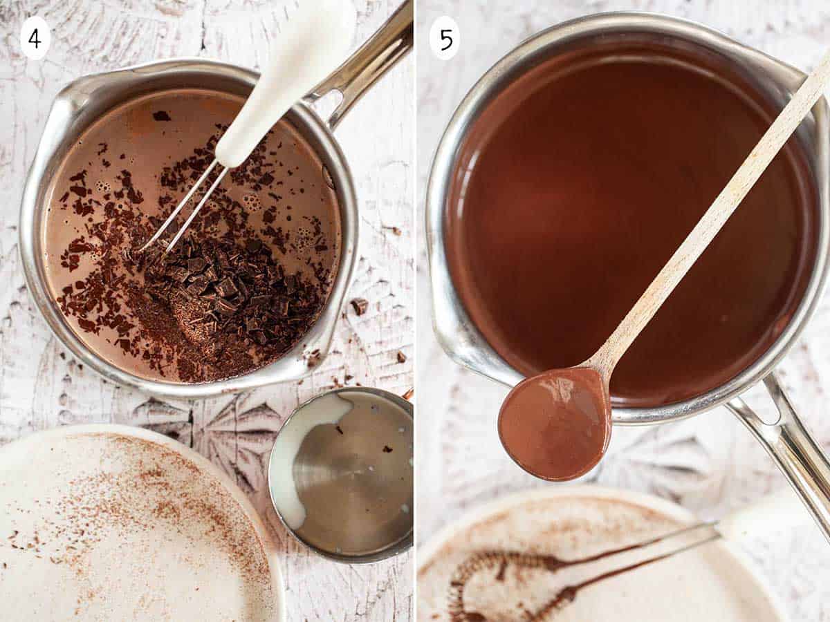 Collage of step by step images for making thick Italian hot chocolate