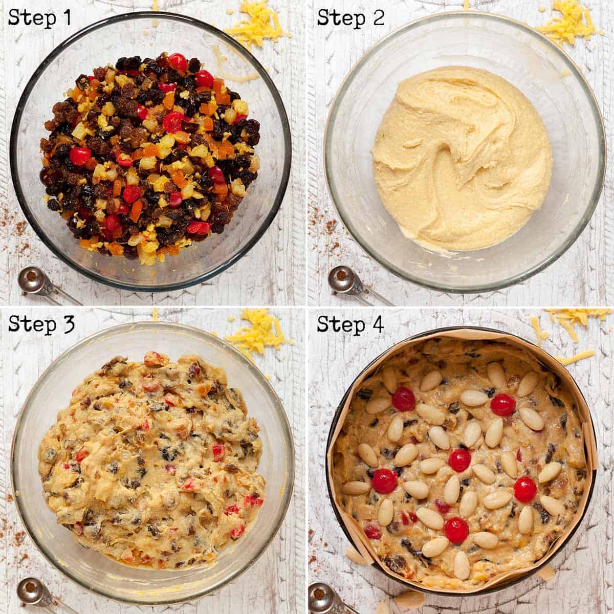 Collage of Step by step images for making a fruit cake