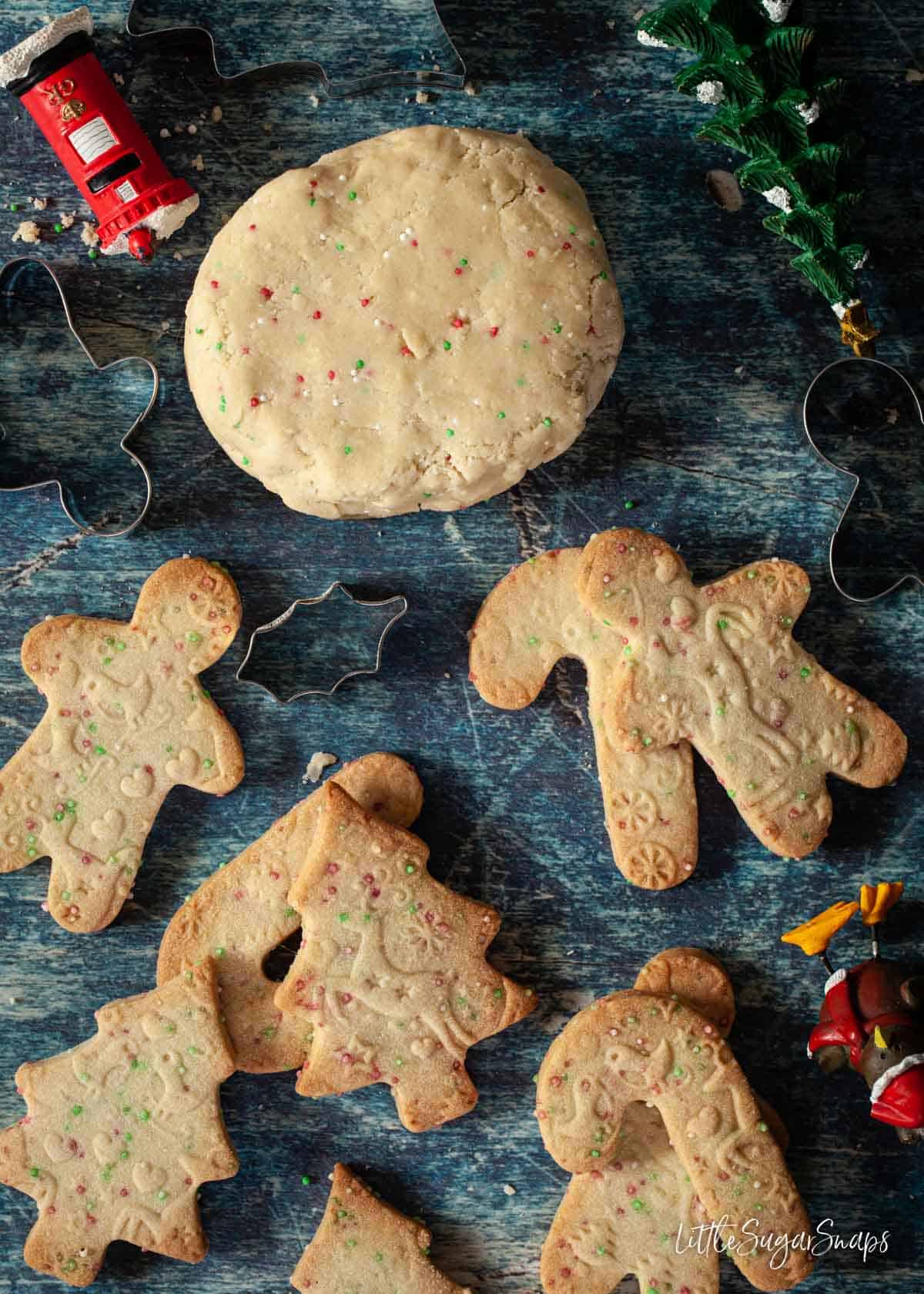 Christmas shortbread cookies and the cookie dough with sprinkled in it.