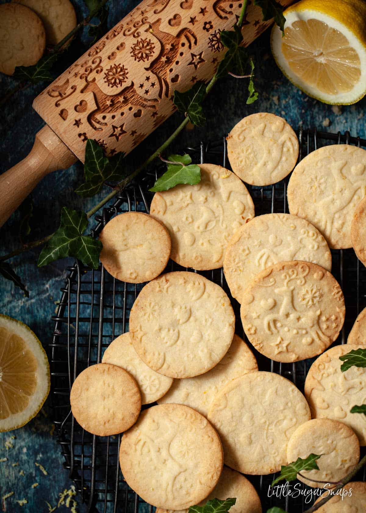 Lemon shortbread cookies with an embossed rolling pin