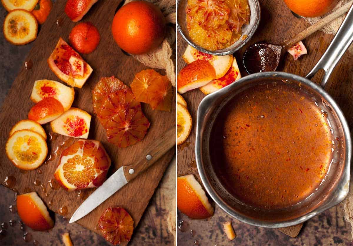 Collage of images showing oranges being cut and caramel in a pan