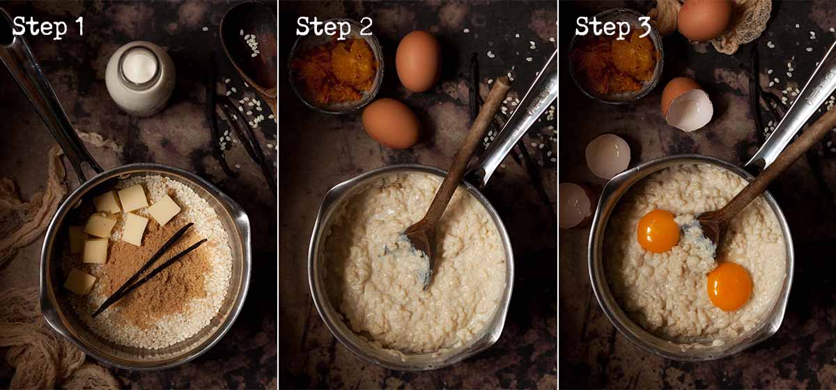 Step by step collage for making stovetop rice pudding