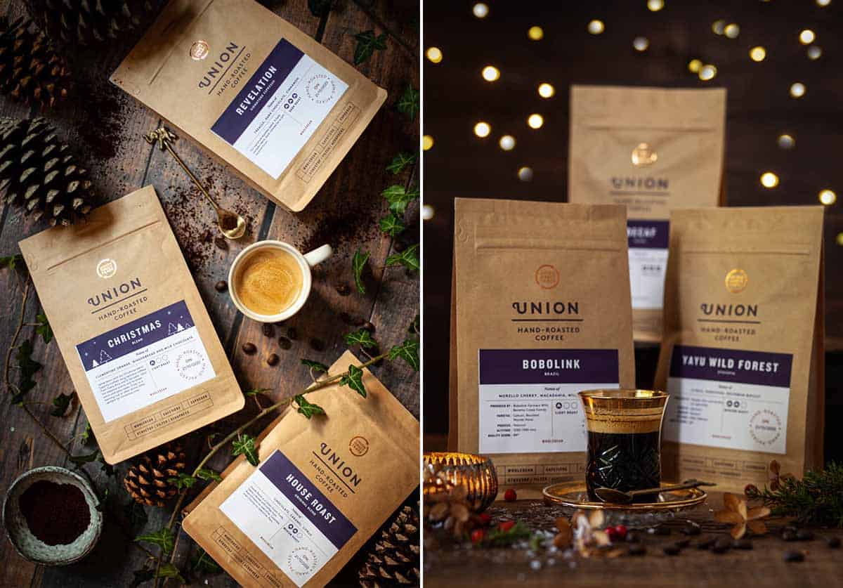 Collage of images featuring espresso coffee and packs of coffee