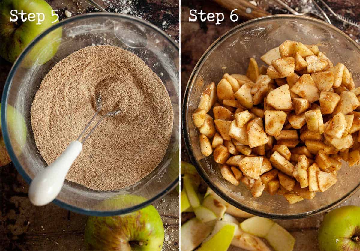 Collage for making a fruit filling - mixing fruit with sugar and flour