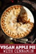 A cut into apple pie with text overlay