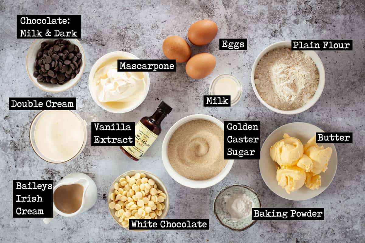 Ingredients for a white chocolate baileys cake with text overlay