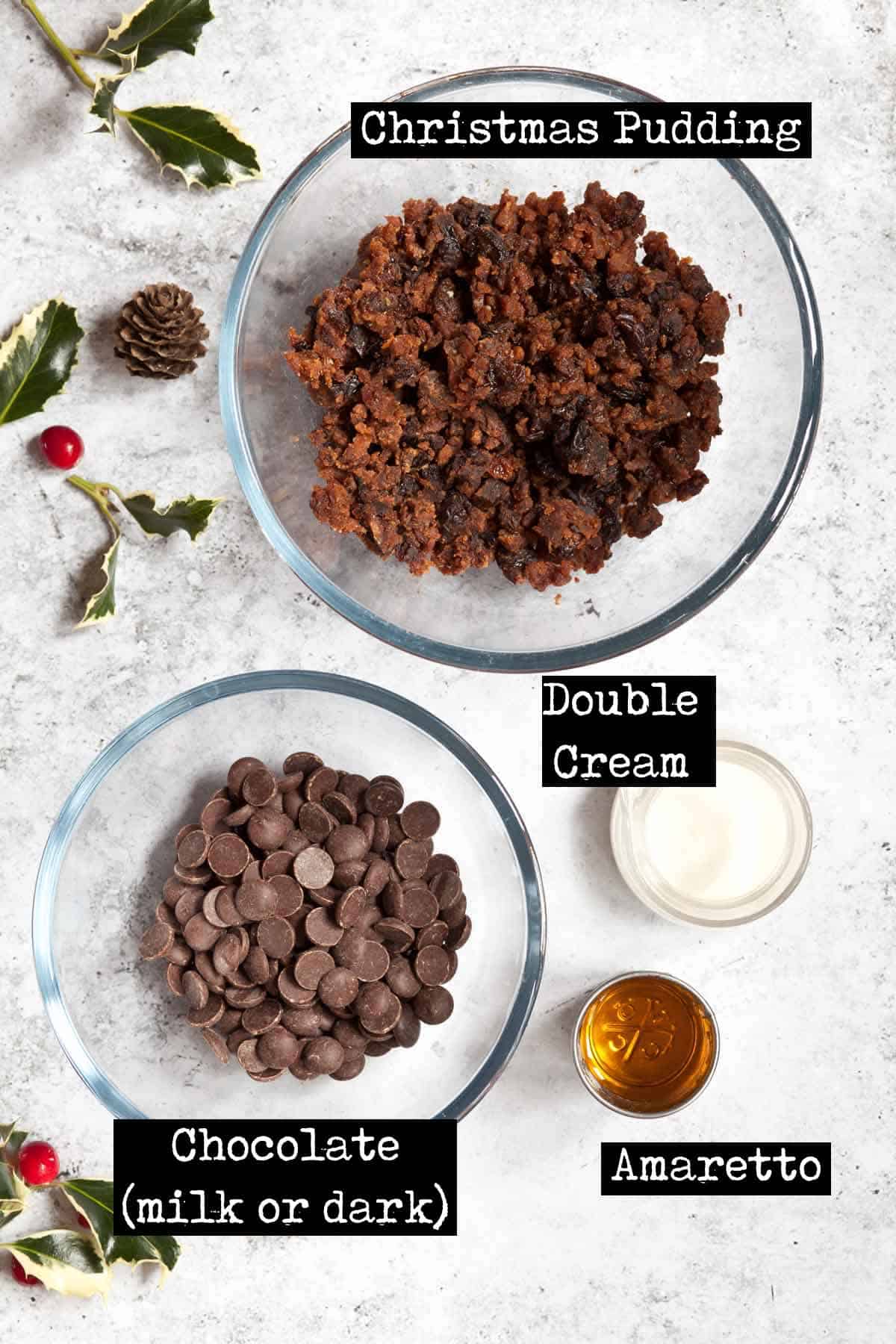 Ingredients for Christmas pudding chocolates with text overlay