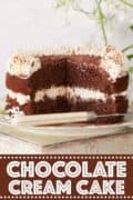 chocolate cream cake with text overlay