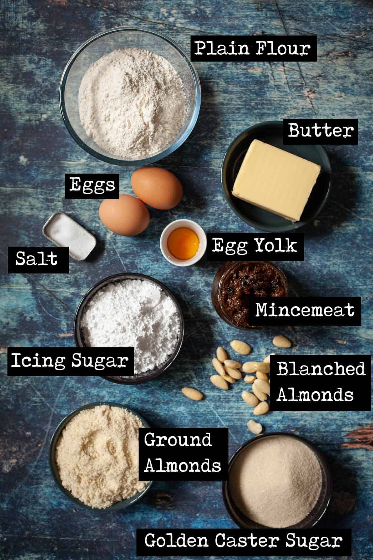 Ingredients for frangipane mince pie with text overlay