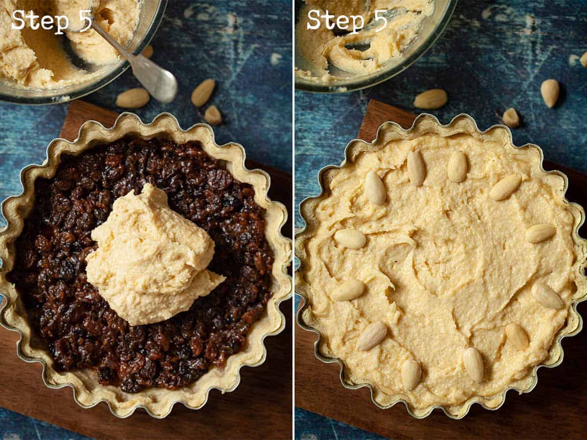 Step by step images showing a tart case filled with mincemeat and frangipane