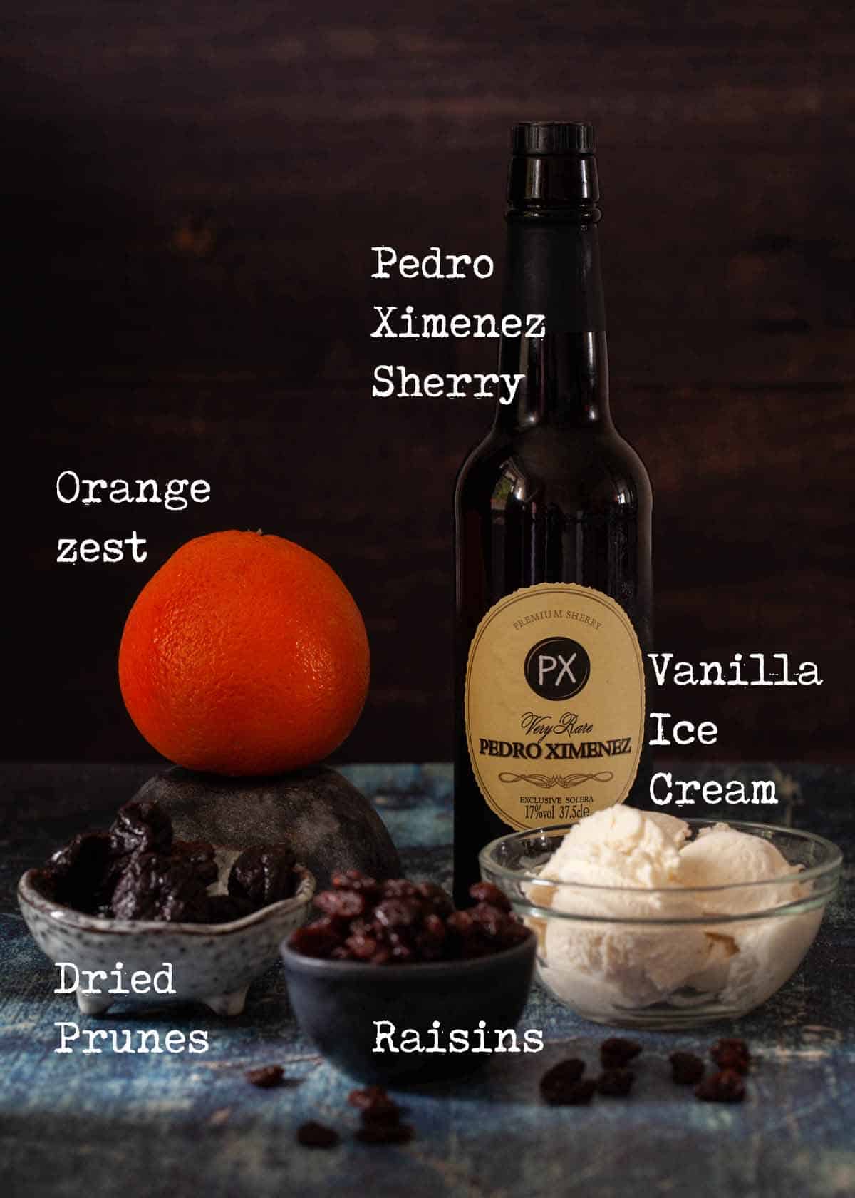 Ingredients for a sherry affogato recipe with text overlay