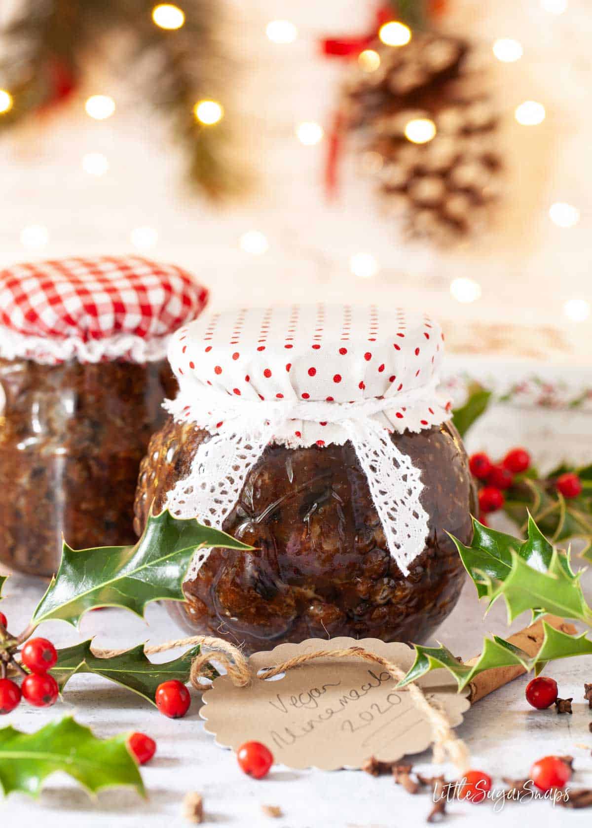 Homemade vegan mincemeat in jars dressed up for gifting