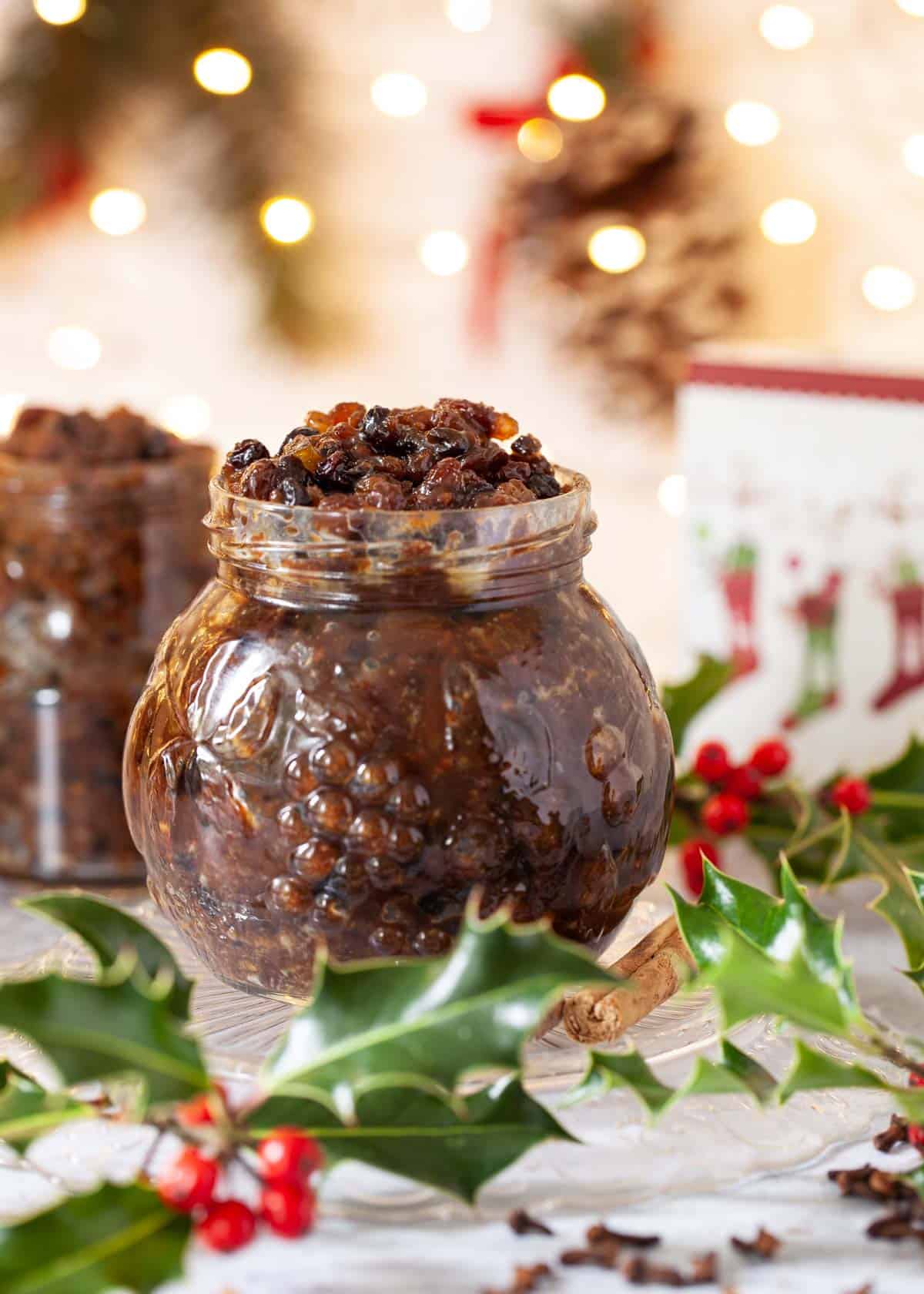 Homemade vegan mincemeat in an open jar.