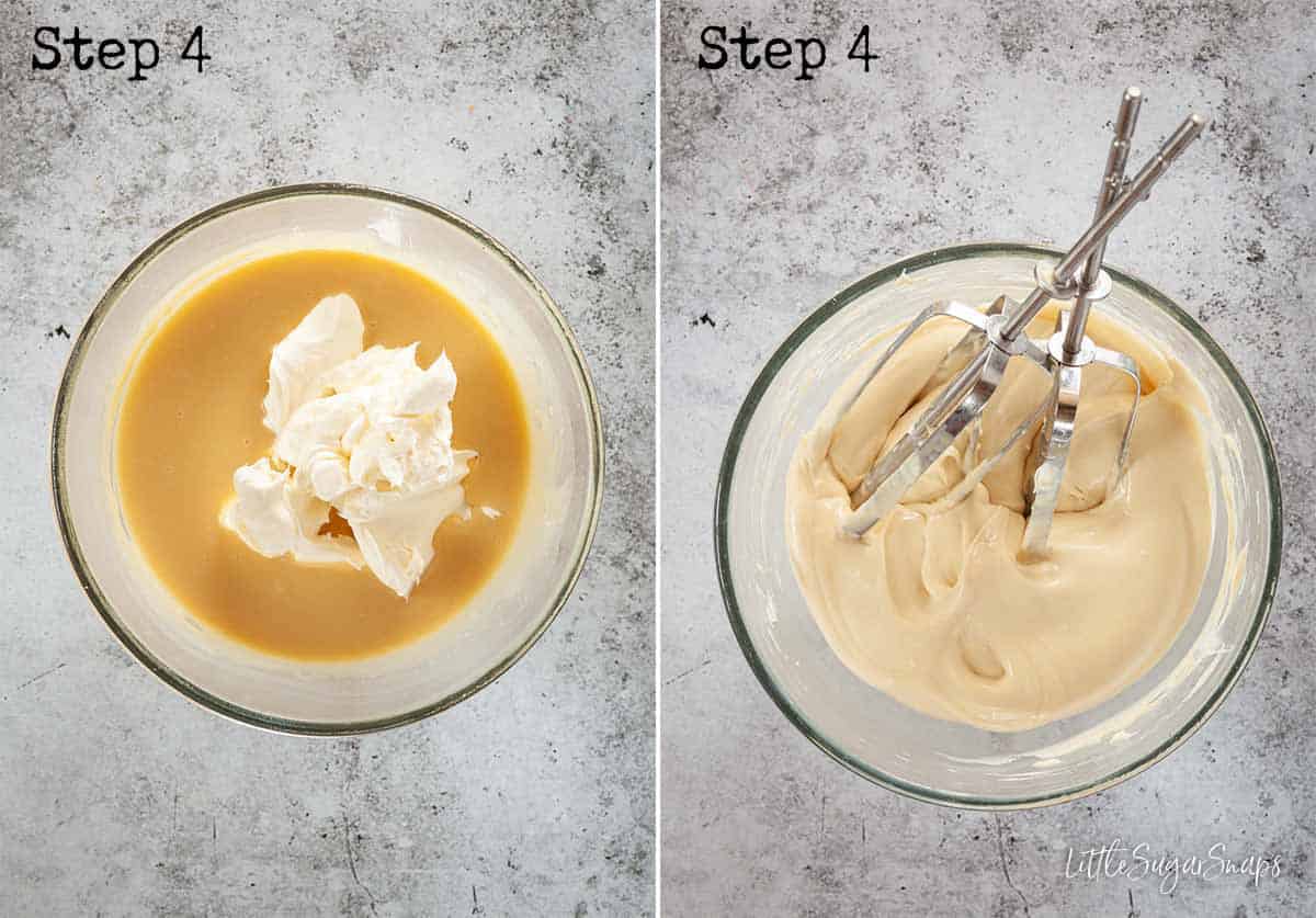 Collge of images: making white chocolate Baileys mascarpone frosting