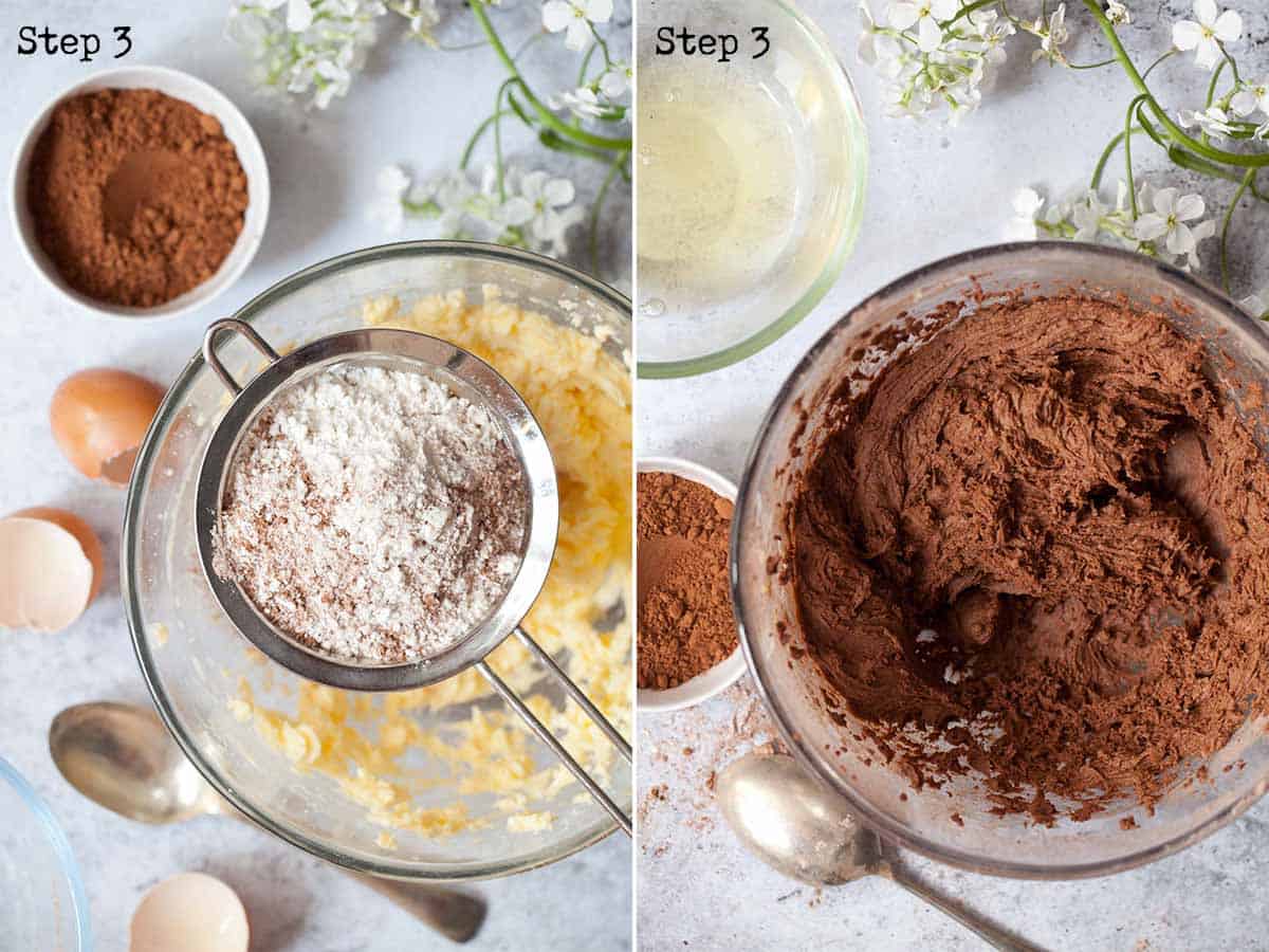 Making cake by sieving and mixing ingredients together- step by step images