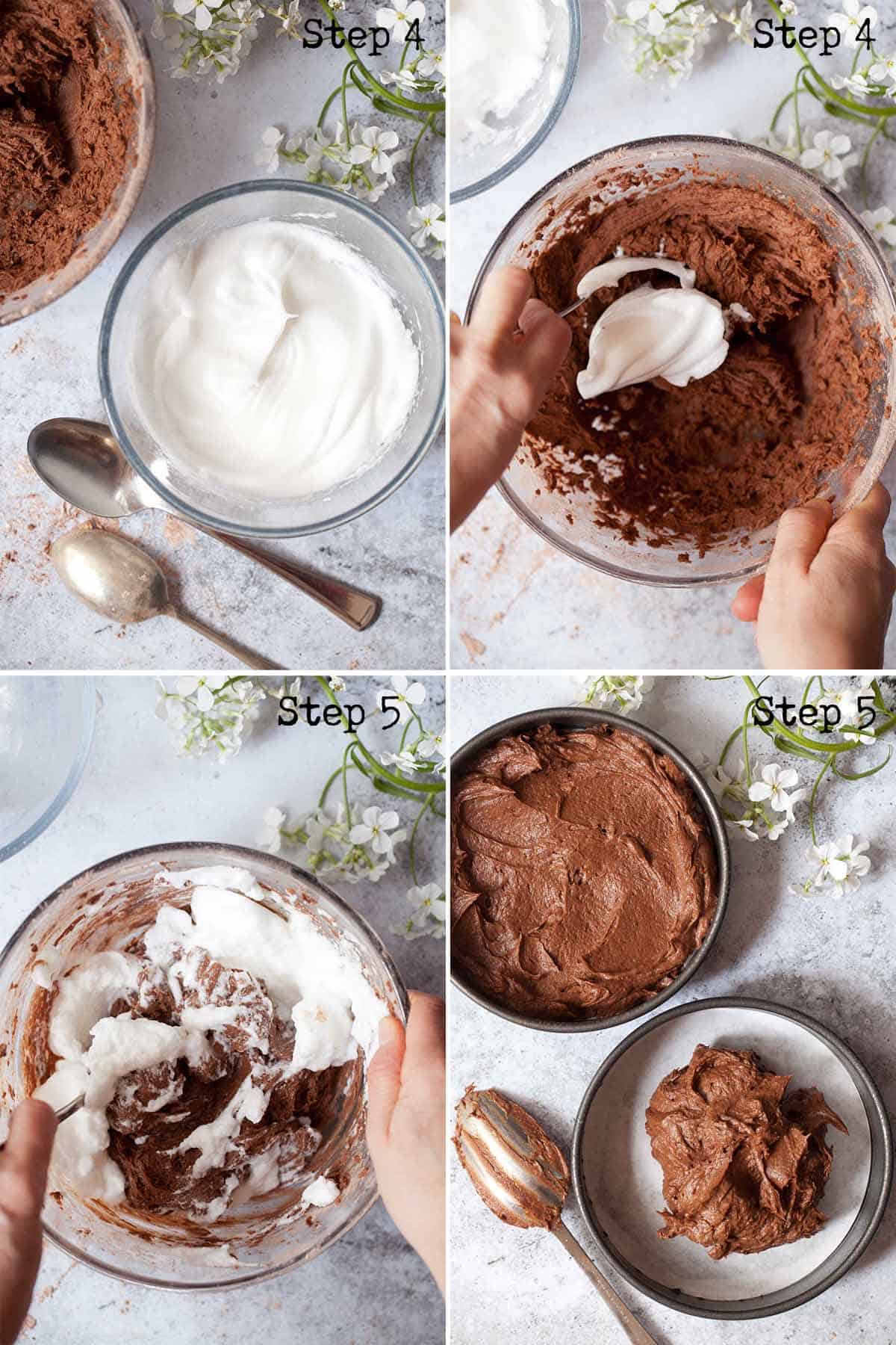 Collage: Folding egg whites into batter and dividing batter into baking tins