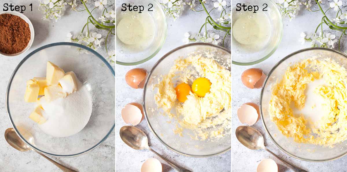 Making cake batter by creaming and beating in eggs - step by step image collage